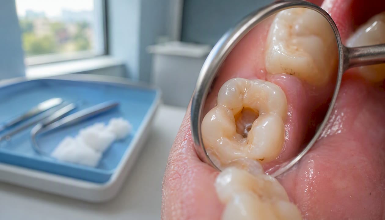 Close-up of tooth with fallen filling cavity