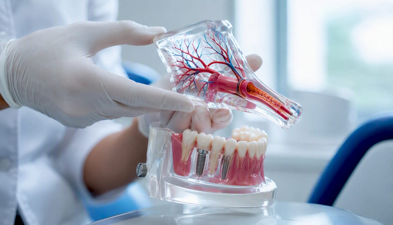 Oral blood vessels and dental implant model close-up