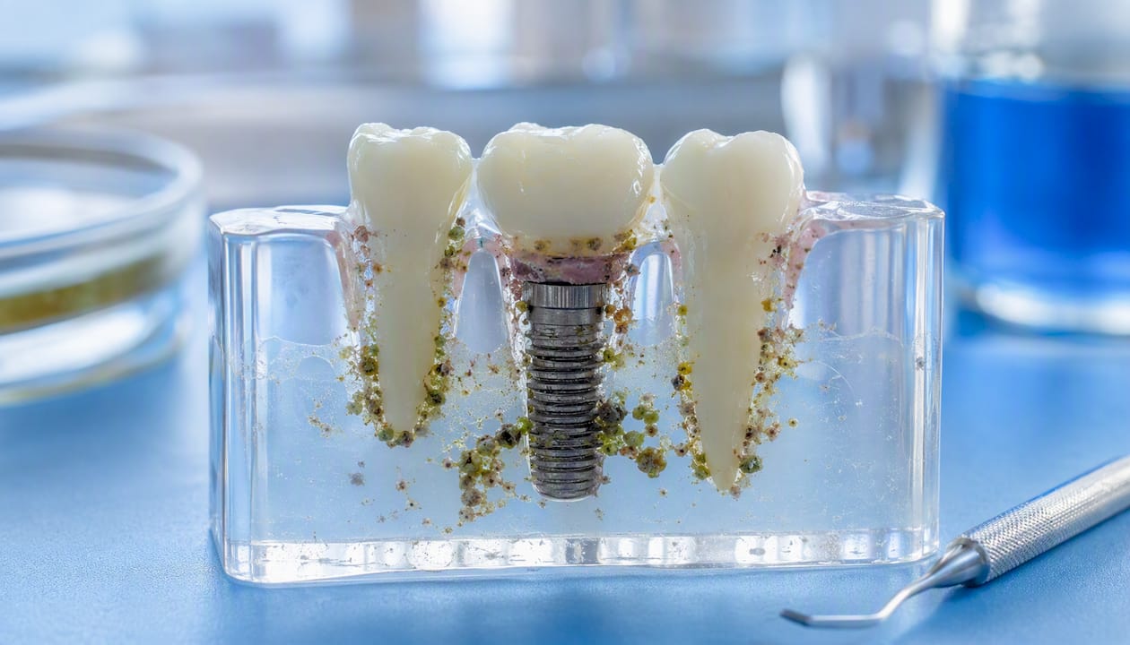 Bacterial biofilm on dental implant model close-up