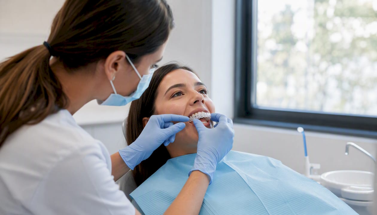 Dentist fitting custom whitening trays on patient