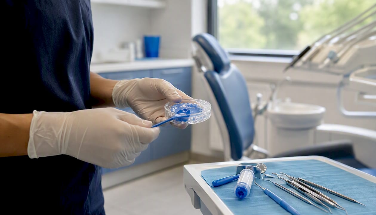 Hands preparing dental impression tray
