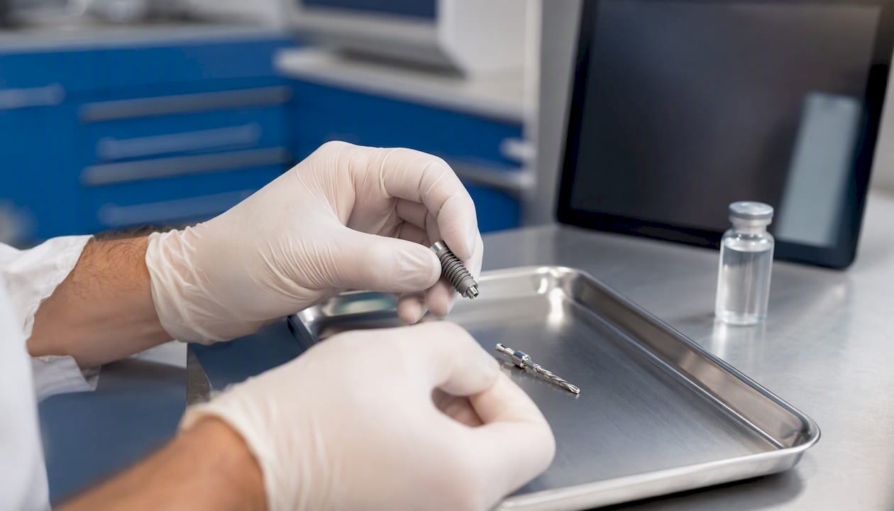 Dental tools with implant post on tray