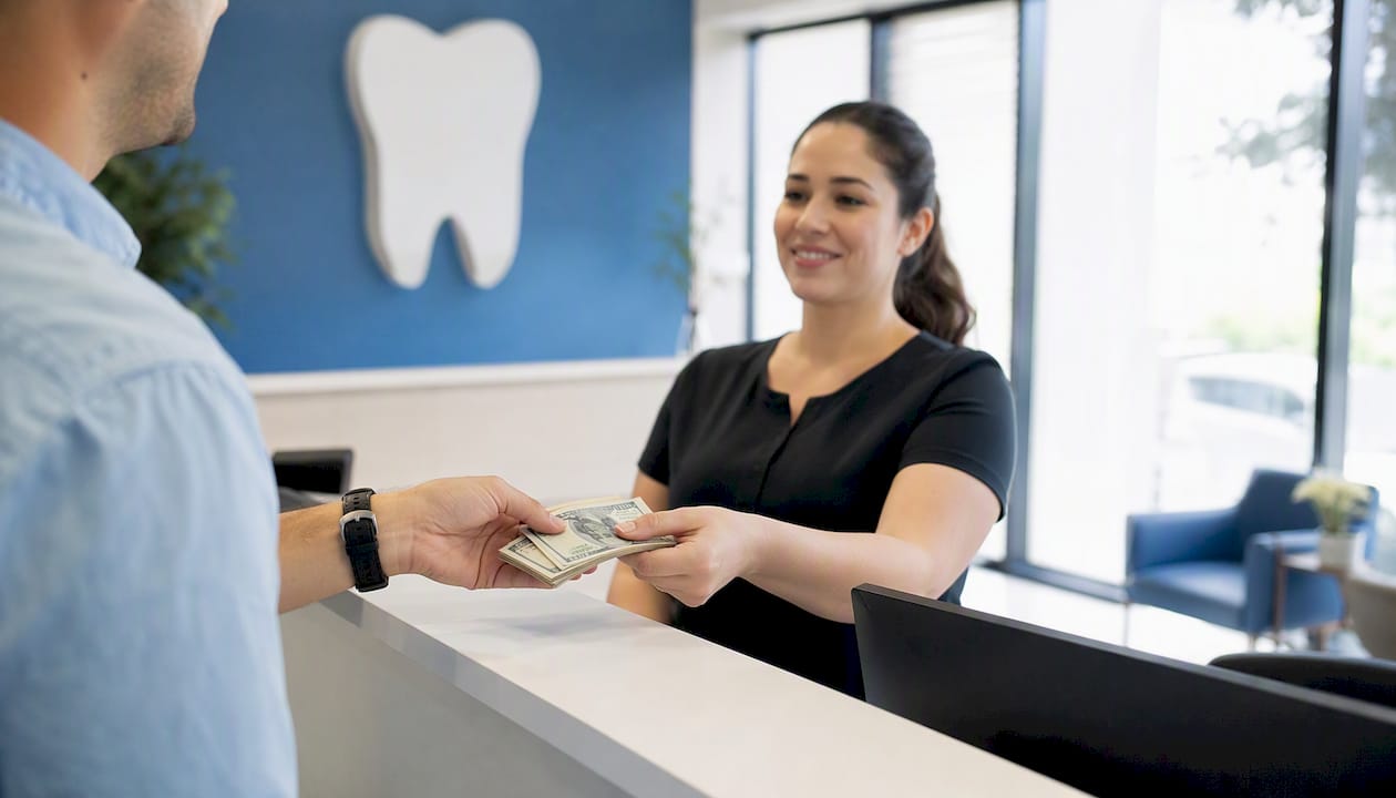 Patient paying co-payment in dental clinic
