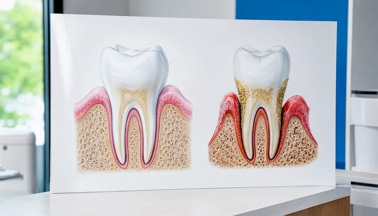 Comparison of healthy and diseased gums with bone loss
