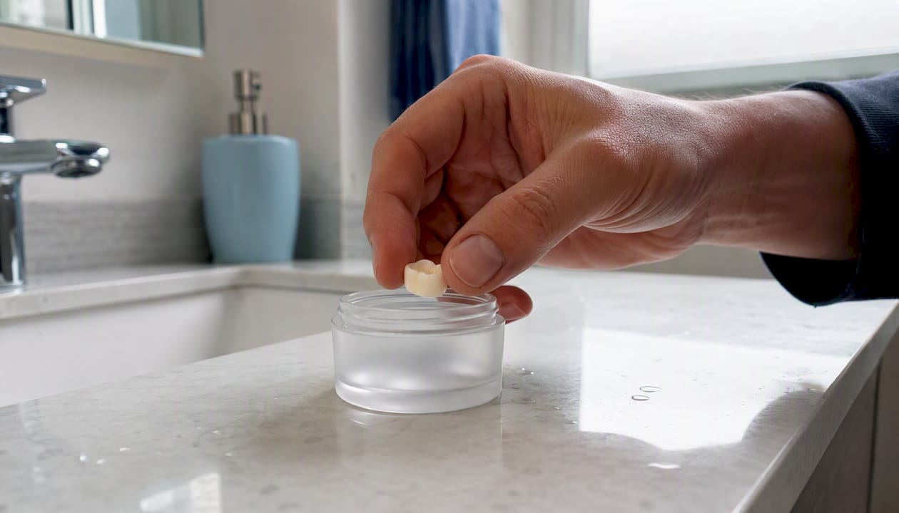 Hand placing temporary dental crown in container