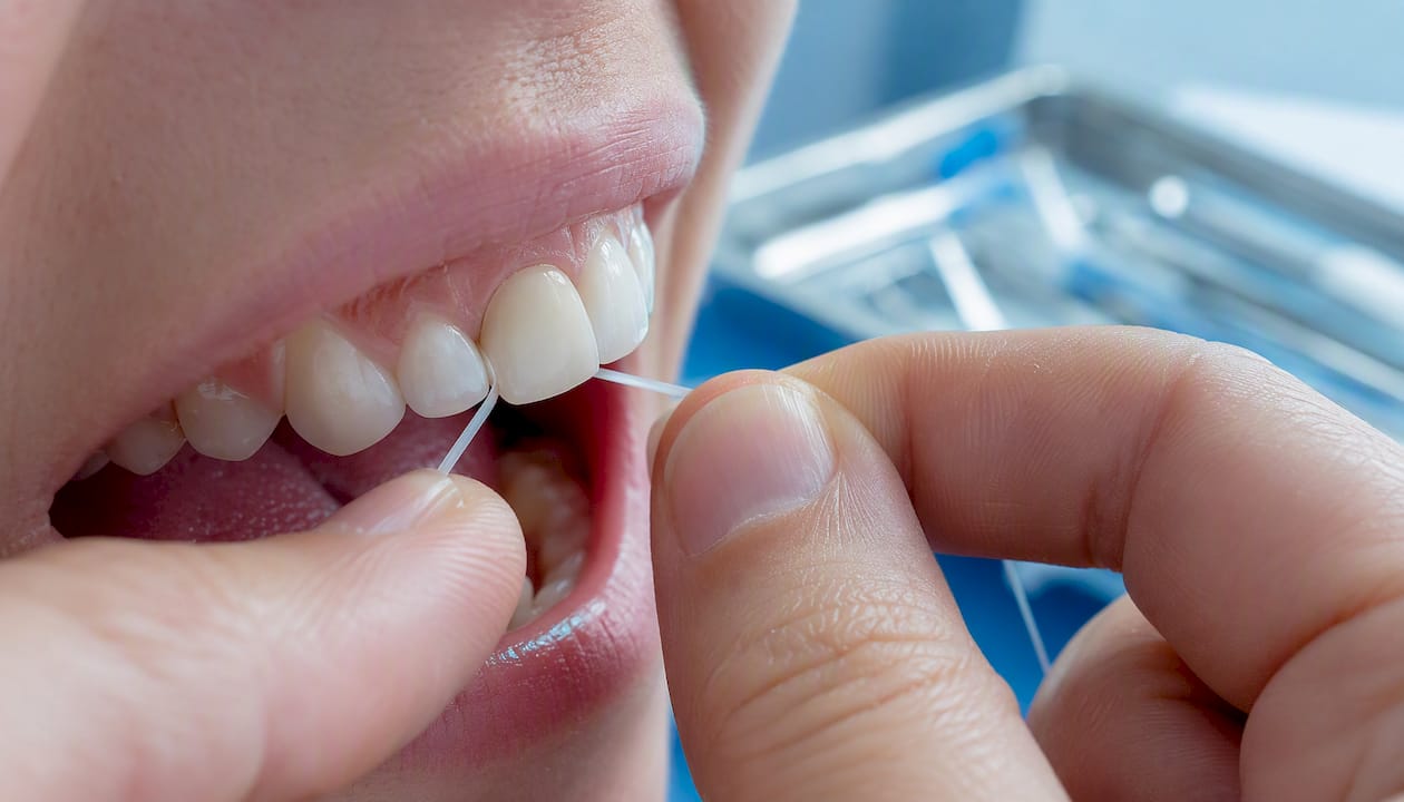 Dental floss sliding sideways between teeth