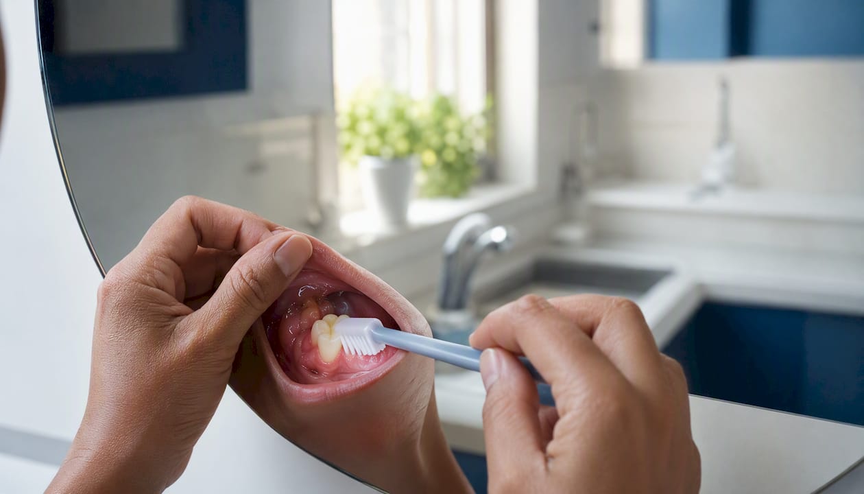 Soft toothbrush brushing exposed tooth root