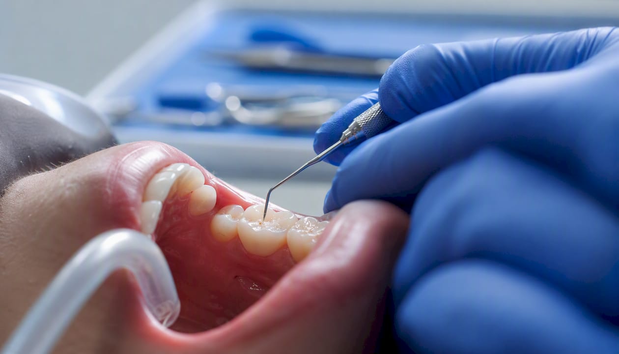 Close-up of early tooth decay white spot lesion