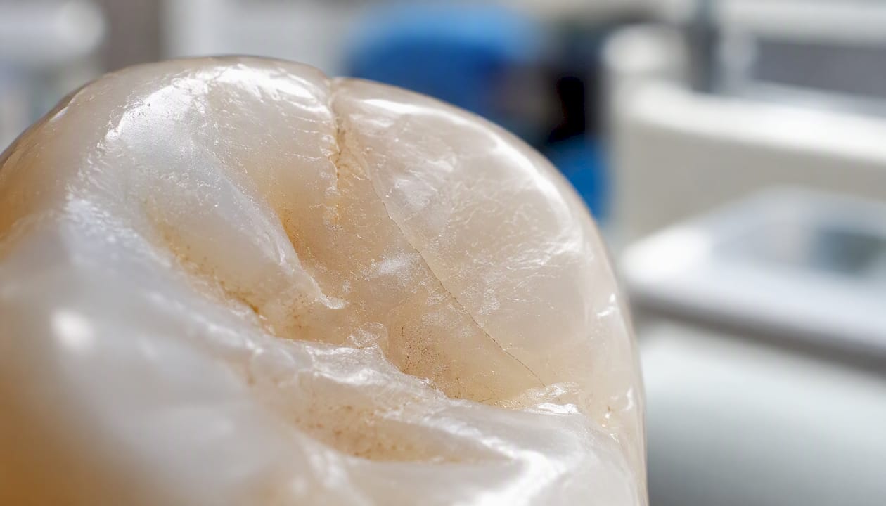 Close-up of craze line crack on molar enamel