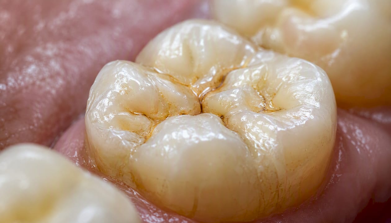Close-up of molar tooth pits and fissures