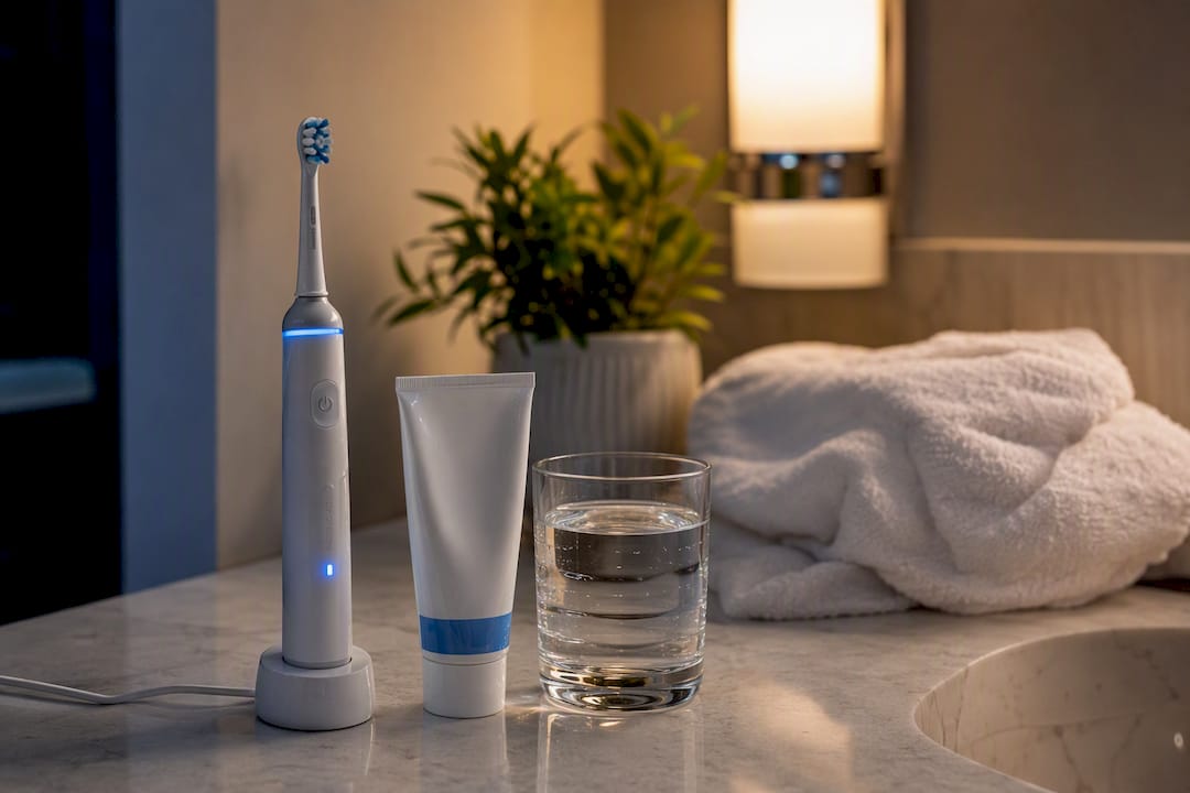 Dental hygiene products on bathroom counter