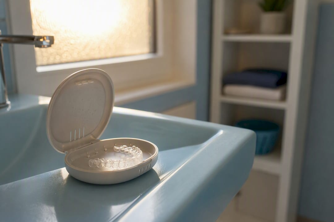 Clear Invisalign-style retainer in open case