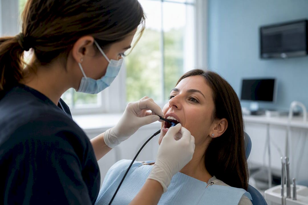 Dental x-ray sensor positioned in patient mouth