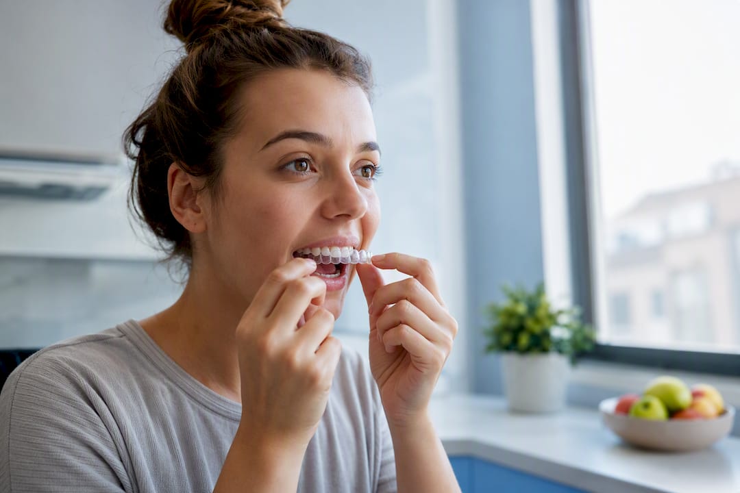 Patient inserting clear dental aligner