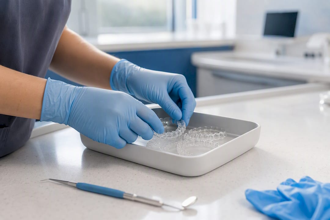 Clear dental Invisalign aligners in tray