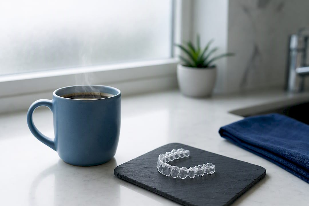 Hot coffee with clear dental aligner nearby