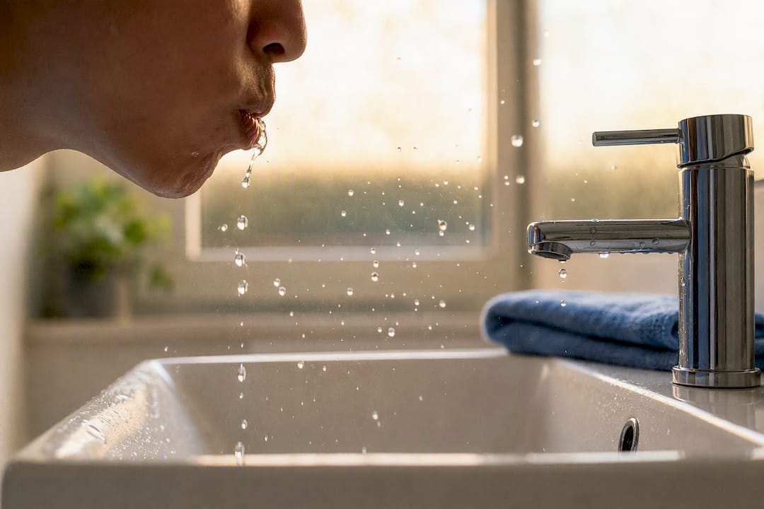 Person swishing water in mouth at bathroom sink
