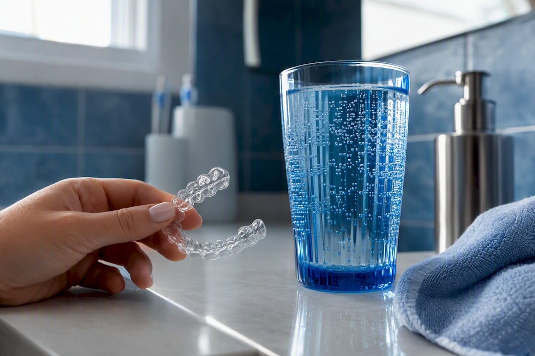 Clear Invisalign aligner with glass of water