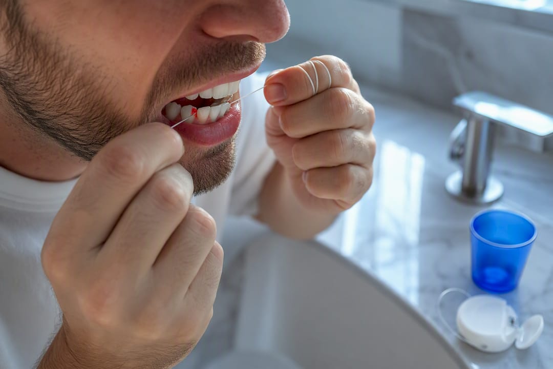 Adult flossing along bleeding gumline