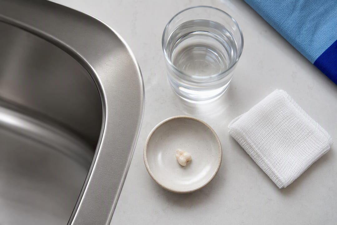 Tooth fragment beside cool rinse water