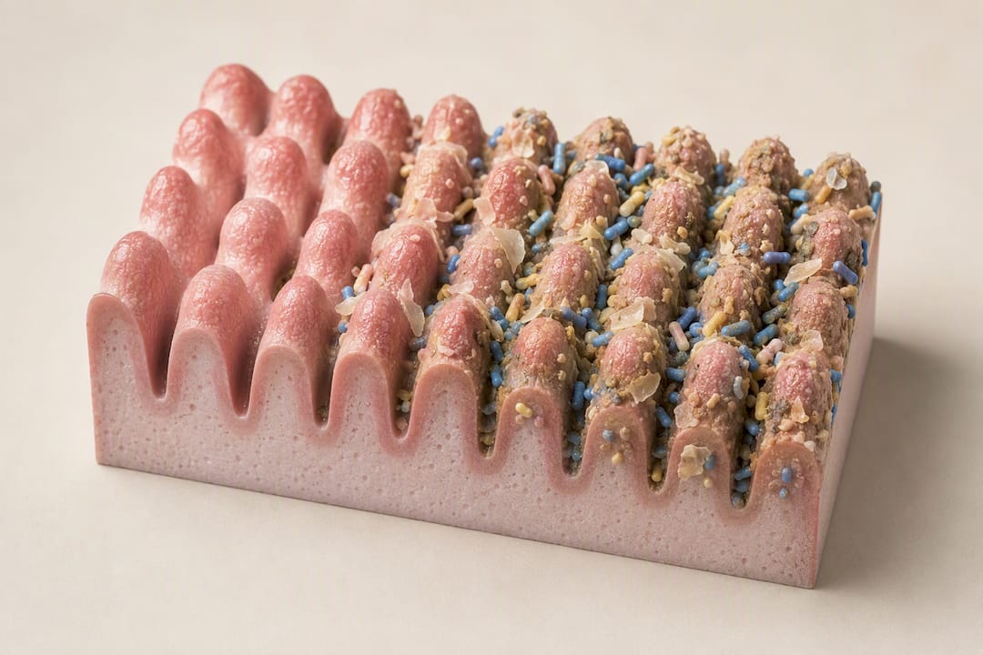 Illustration of bacteria trapped between tongue papillae