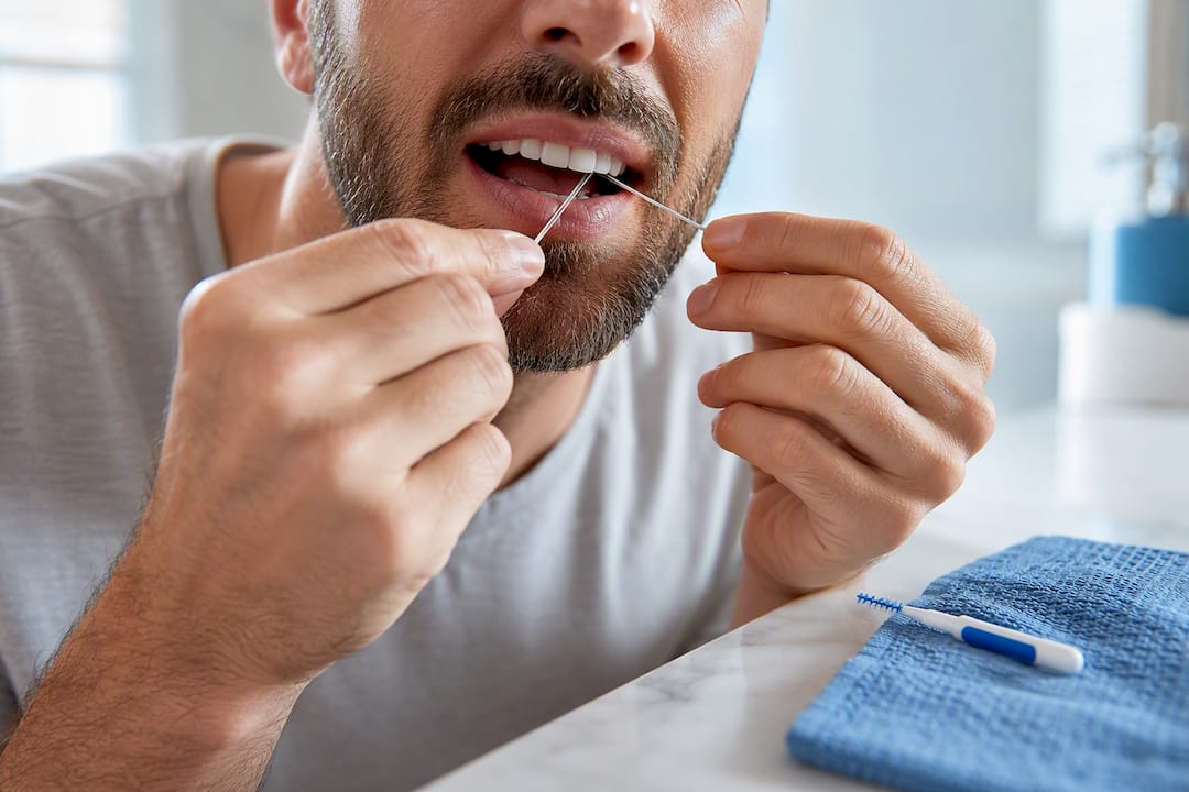 Floss threader cleaning beneath implant bridge