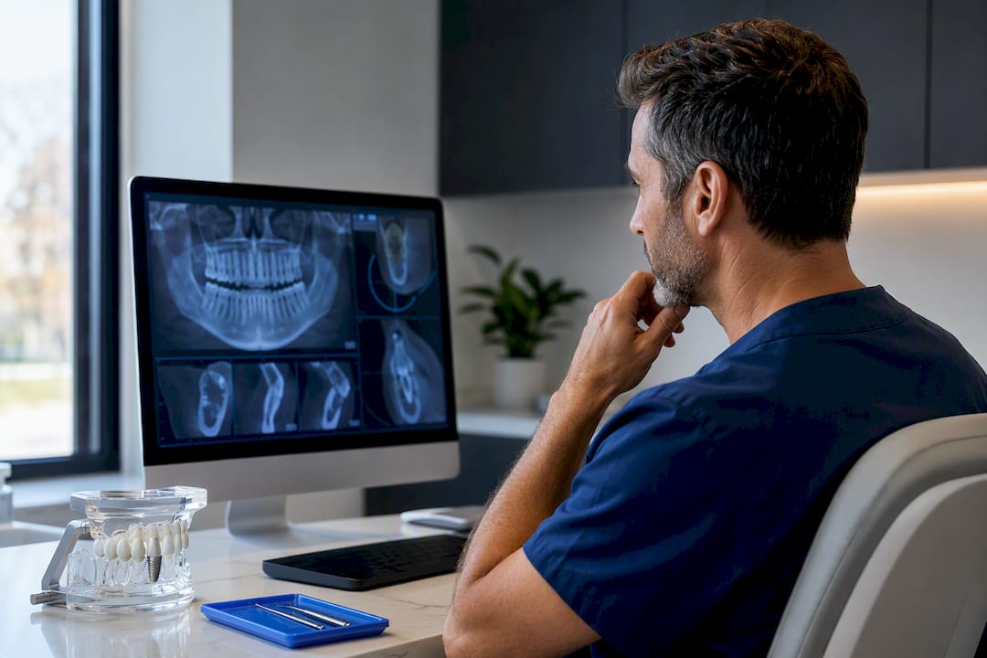Clinician reviewing CBCT bone graft planning scan