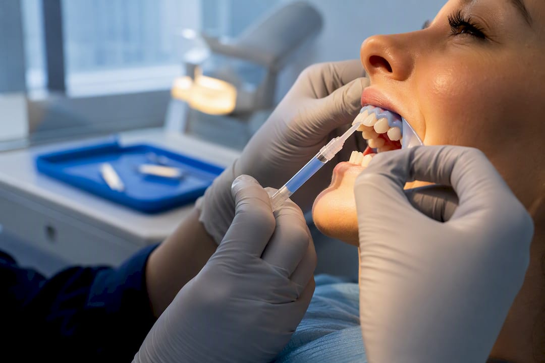 Dentist applying professional whitening treatment