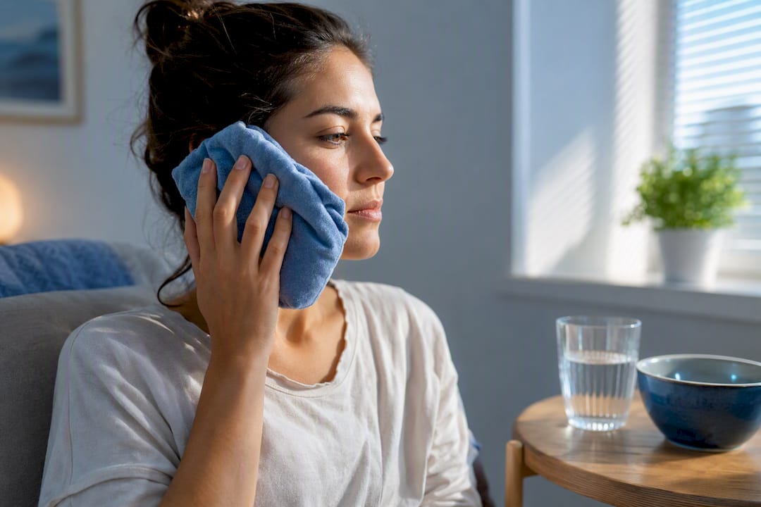 Patient using cold pack after implant surgery