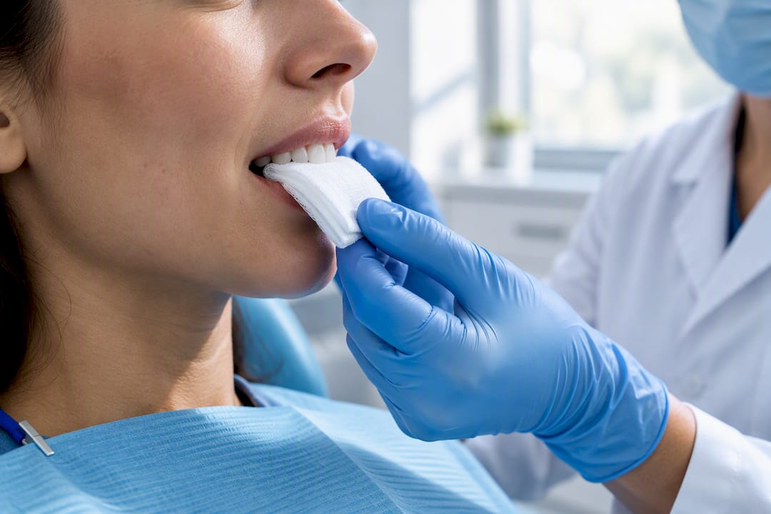 Patient using gauze after tooth extraction