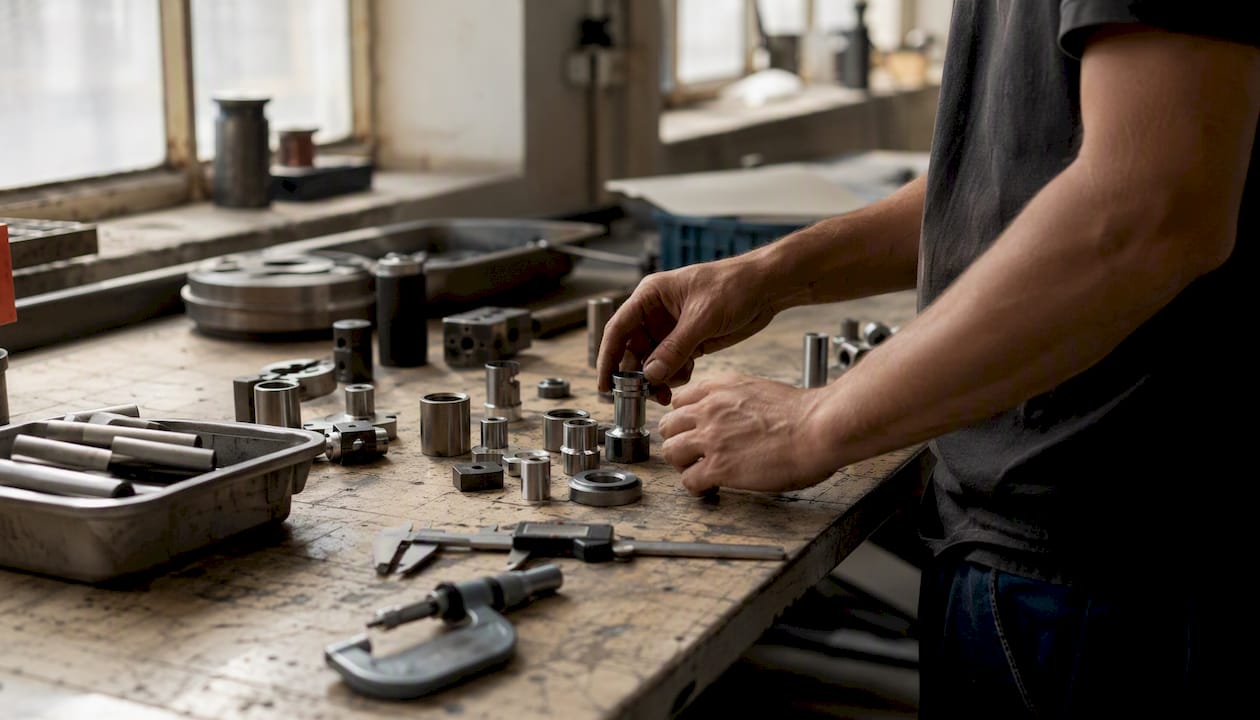 Mit geschickten Händen werden Metallteile in der Werkstatt sortiert.