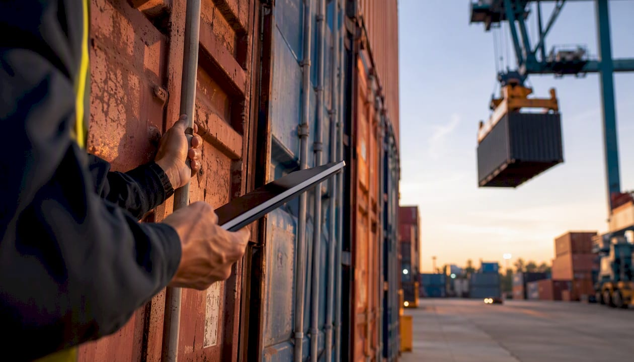 Hände in unmittelbarer Nähe von Containern am Umschlagterminal