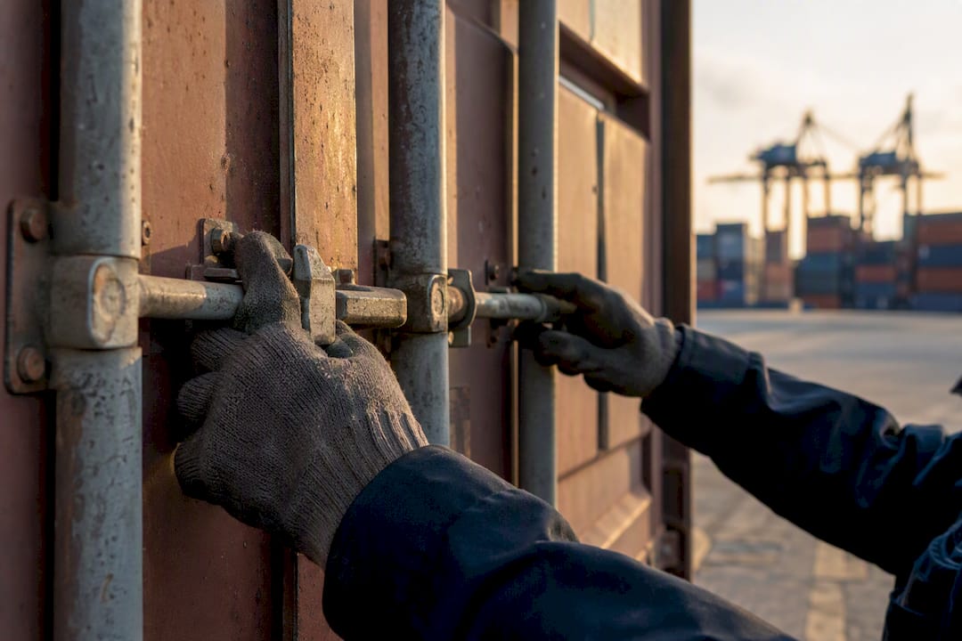 Hände überprüfen das Schloss eines Frachtcontainers