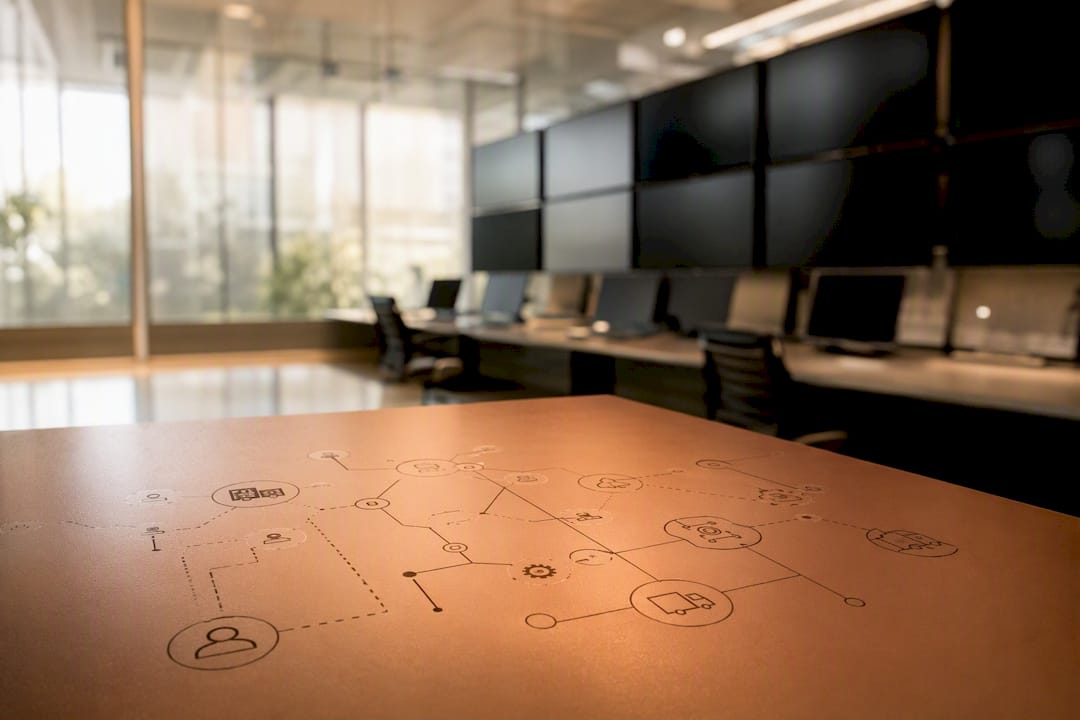 Leitstand mit Netzwerkdiagrammen auf dem Schreibtisch