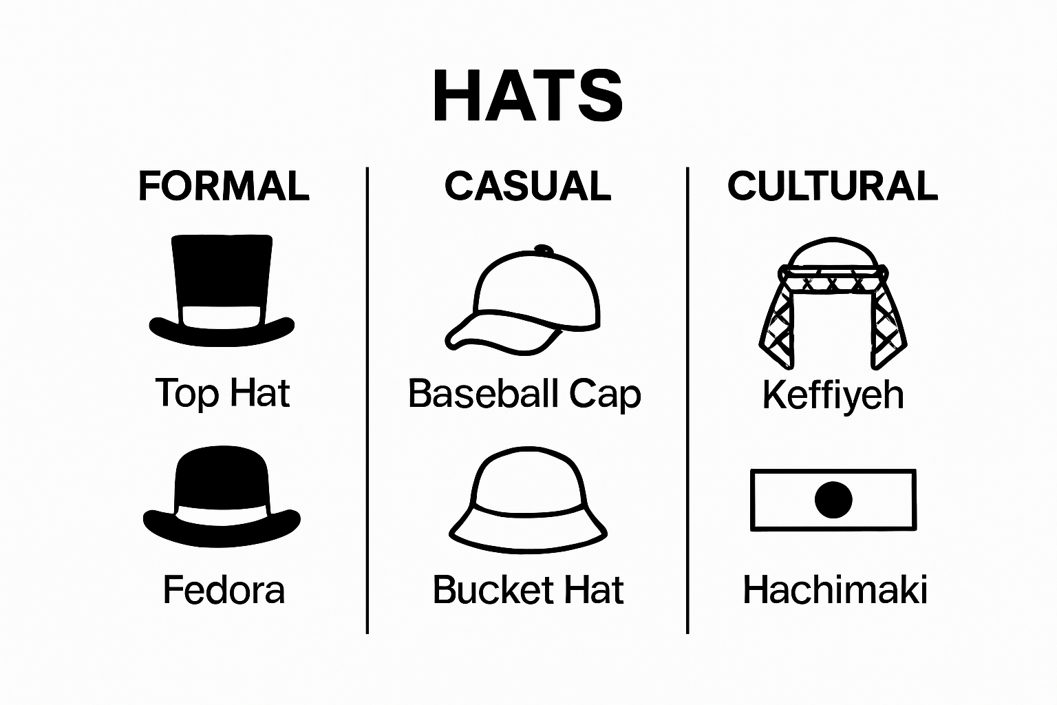 Infographic showing formal, casual, and cultural men's hat types