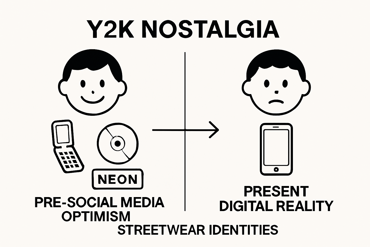 Comparison of pre-social media Y2K optimism and today's digital reality in streetwear