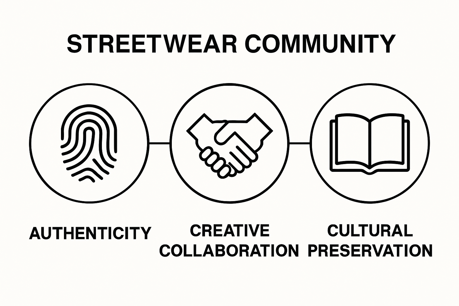 Infographic showing authenticity, collaboration, and preservation as pillars of streetwear community.