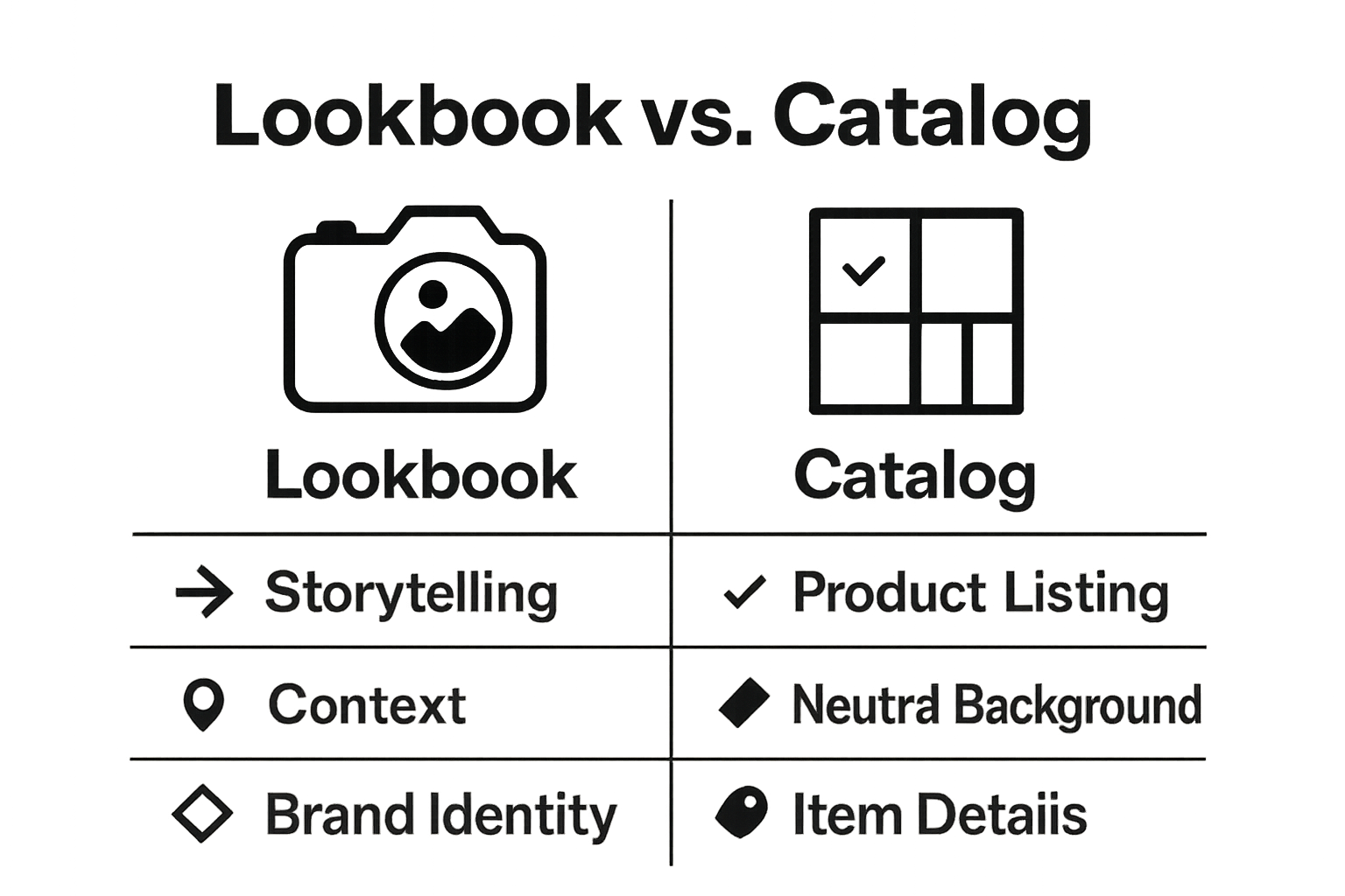 Lookbook versus catalog infographic with icons and comparison visuals
