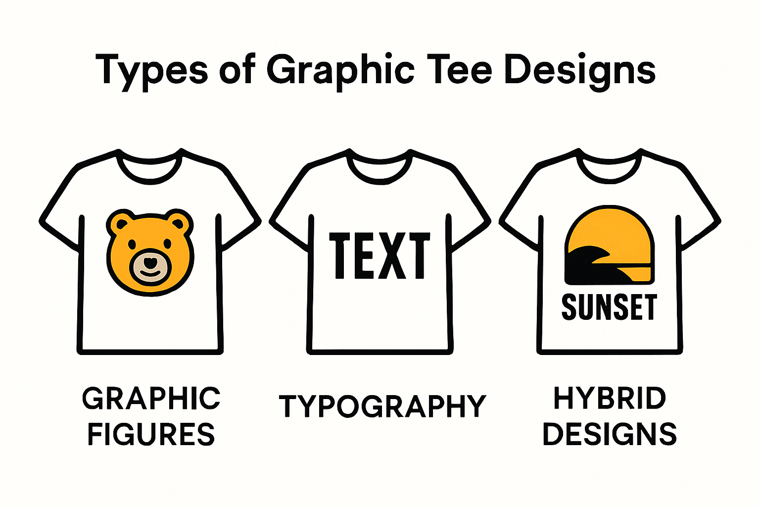 Three types of graphic tee designs: graphics, typography, hybrids