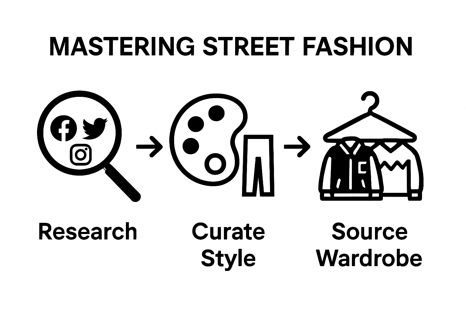 Infographic showing research, style curation, and sourcing steps for street fashion 2025