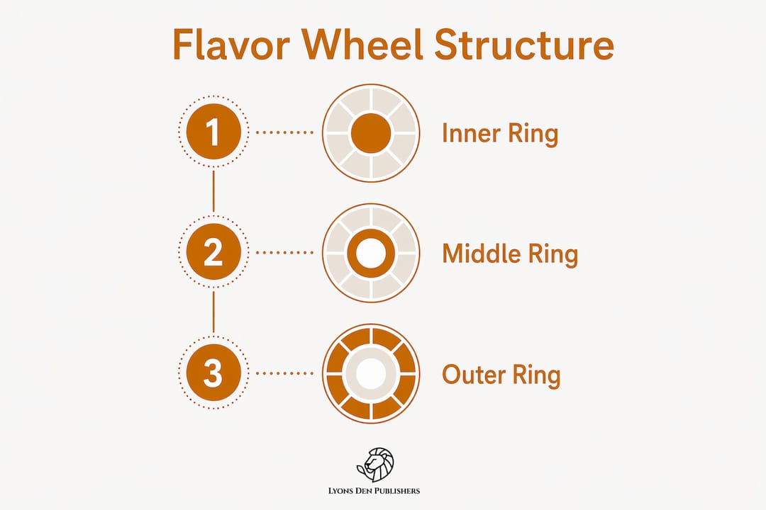 Infographic illustrating coffee flavor wheel structure with three rings