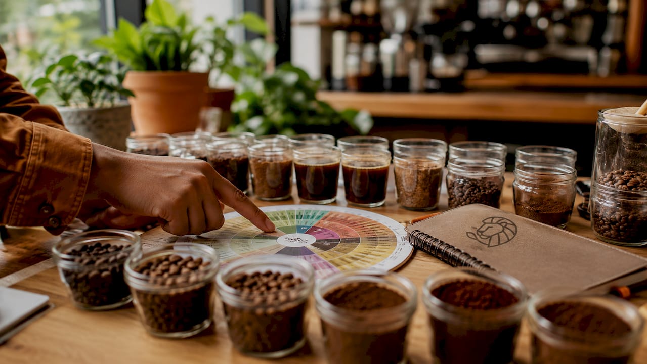Hand pointing at specific coffee flavor on wheel