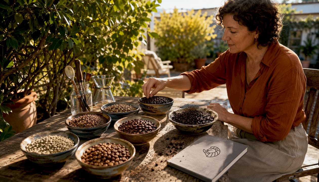 Overhead view of coffee beans at different roast levels