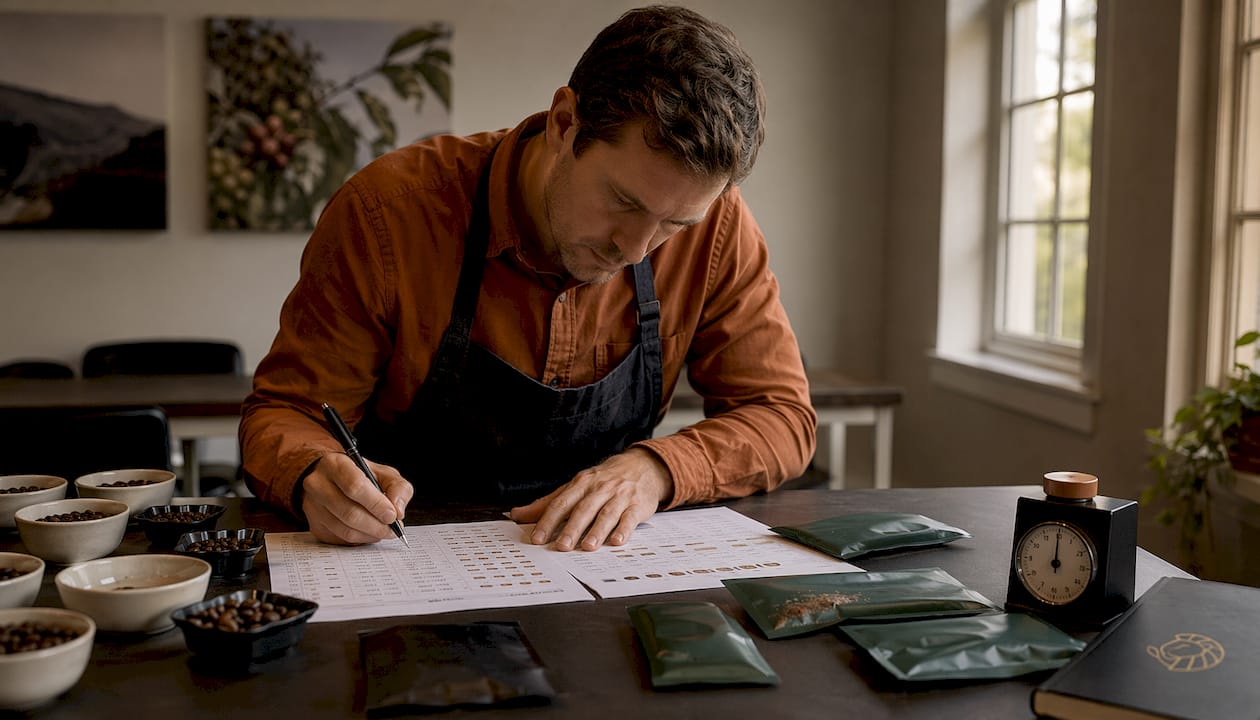 Hands taking Q-Grader exam at table