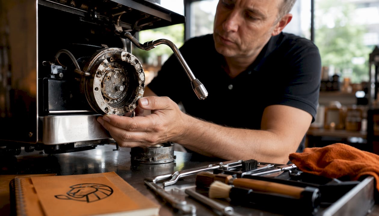 Espresso machine parts with mineral scale deposits
