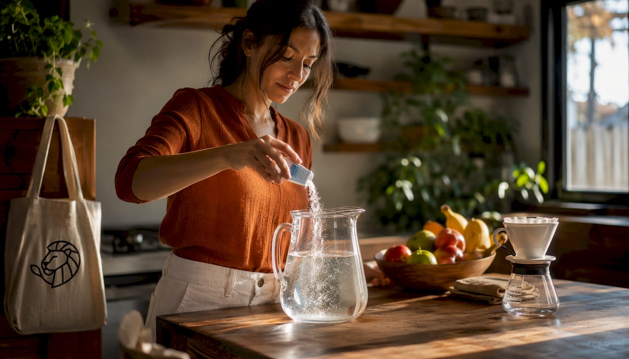 Hand adding minerals to RO water pitcher