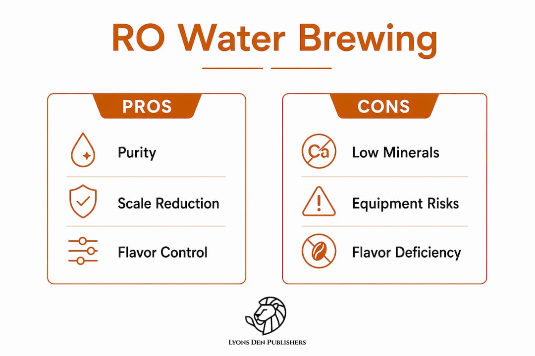Infographic comparing pros and cons of RO water in coffee brewing