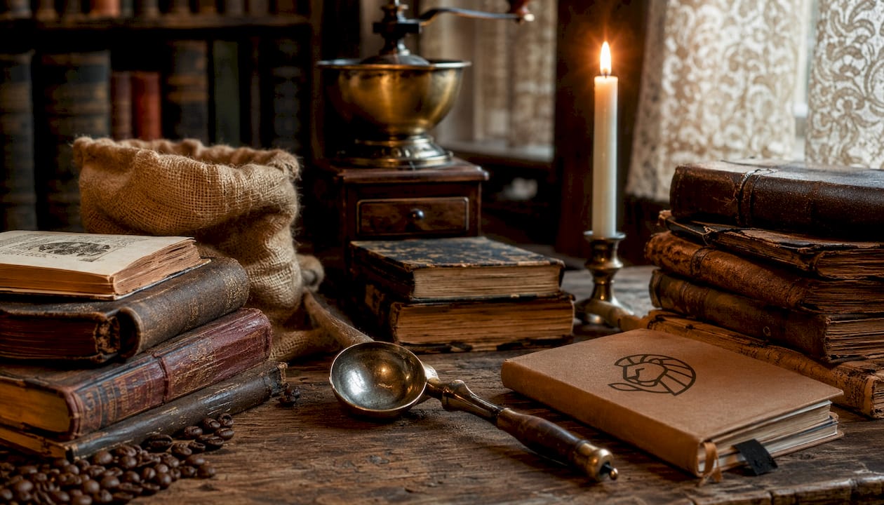 Vintage cupping spoon with historic coffee trade items