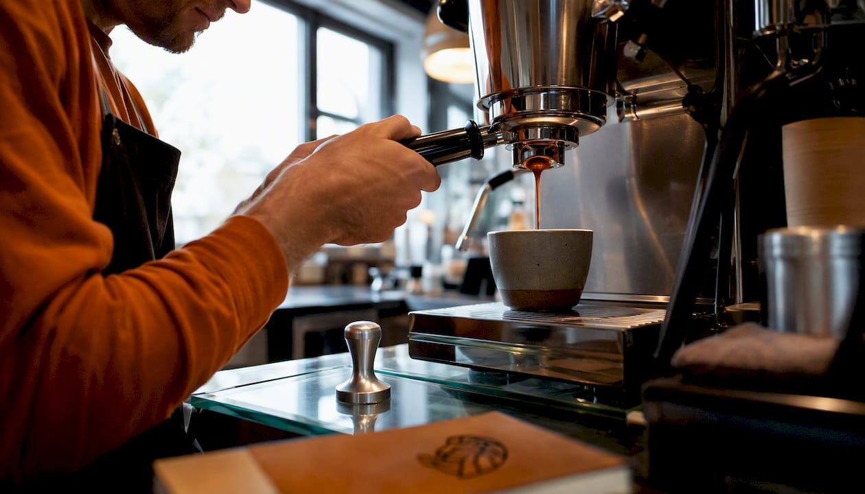 Close-up espresso extraction with naked portafilter
