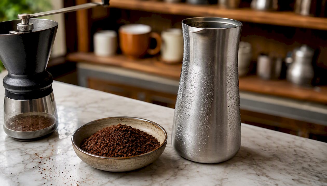 Freshly ground coffee with filtered water